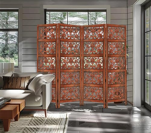 4 Panel Folding Wood Room Divider, Antique Brown, 72 x 80 P209