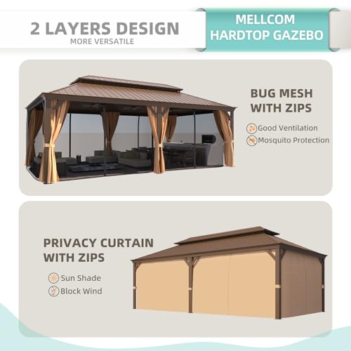 12x16 ft Hardtop Gazebo with Double Roof, Curtains and Netting T94173