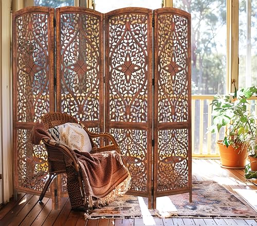 4 Panel Folding Wood Room Divider, Antique Brown, 72 x 80 P209