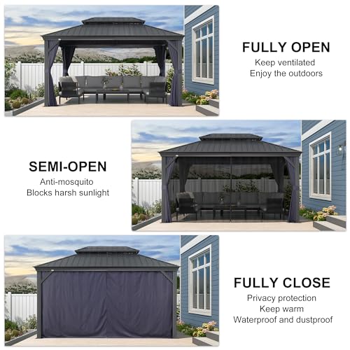 10' x 14' Permanent Hardtop Gazebo with Galvanized Steel Double Roof, Curtains and Netting Included M871