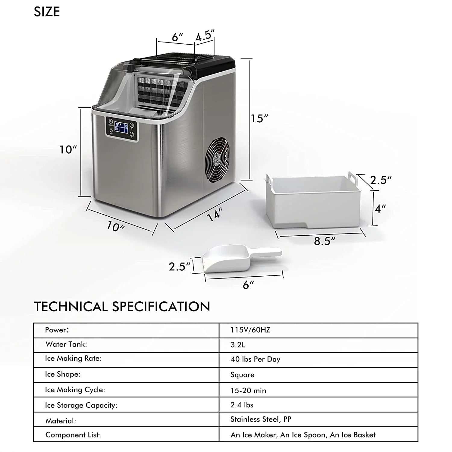 Countertop Ice Maker Machine, 45 Lbs/24H, Compact with Ice Scoop & Basket U53641