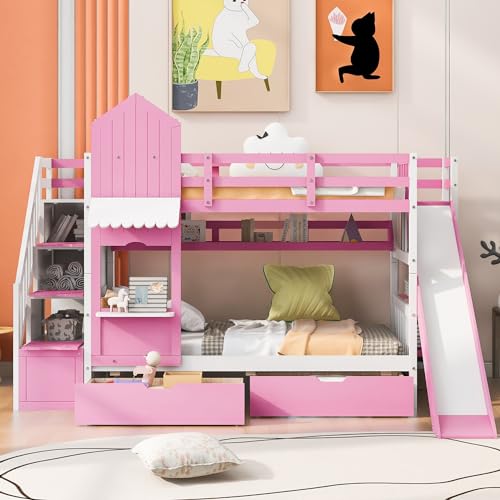 Twin Over Twin Bunk Bed with Stairs and Slide, Solid Wood Frame with Storage B8483