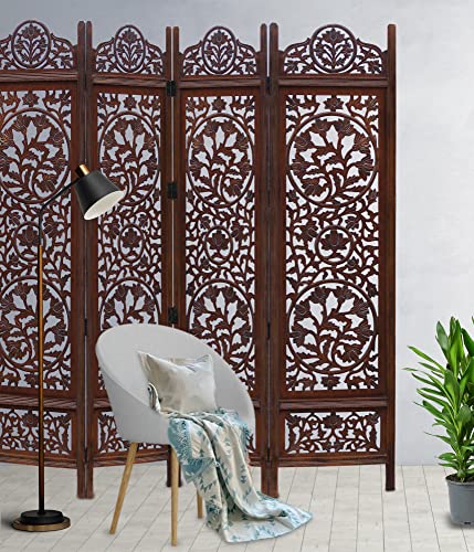 4 Panel Folding Wood Room Divider, Antique Brown, 72 x 80 P209