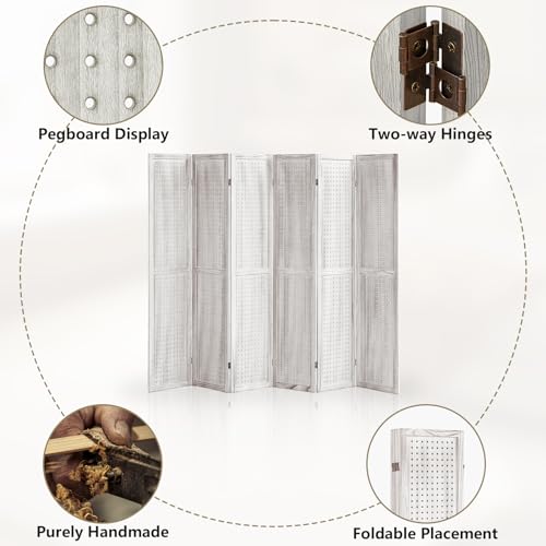 Wooden Pegboard Room Divider with Folding Privacy Screen, 5.6Ft, Light Brown D937870