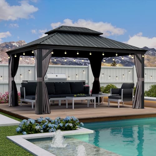 10' x 14' Permanent Hardtop Gazebo with Galvanized Steel Double Roof, Curtains and Netting Included M871