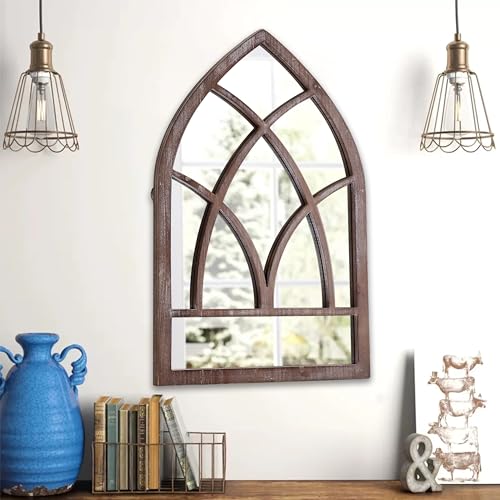Arched Window Mirror Wall Decor, 16 x 24 Inch, Distressed White O9904