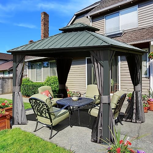 10 x 10 ft Hardtop Gazebo with Netting and Curtains, Galvanized Steel Roof for Patio K80436