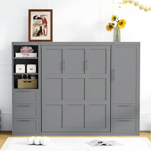 Murphy Bed Queen Size with Built-in Shelves, Storage Drawers and Wardrobe, Grey A491