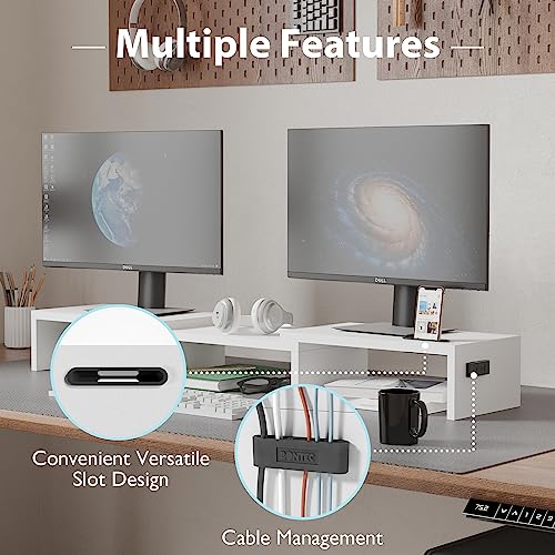 Dual Monitor Stand Riser with Smartphone Holder, Adjustable Wooden Desk Organizer B984