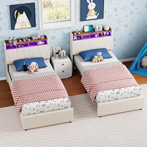Twin Bed Frame with 2 Storage Drawers, Charging Station and LED Lights, Upholstered Platform Bed with Storage Headboard, No Box Spring Needed M8748