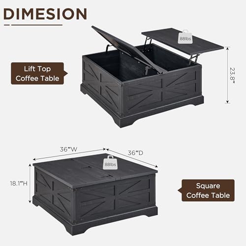 Farmhouse Lift Top Coffee Table with Storage, 36" Wood Square Center Table, Light Brown V399