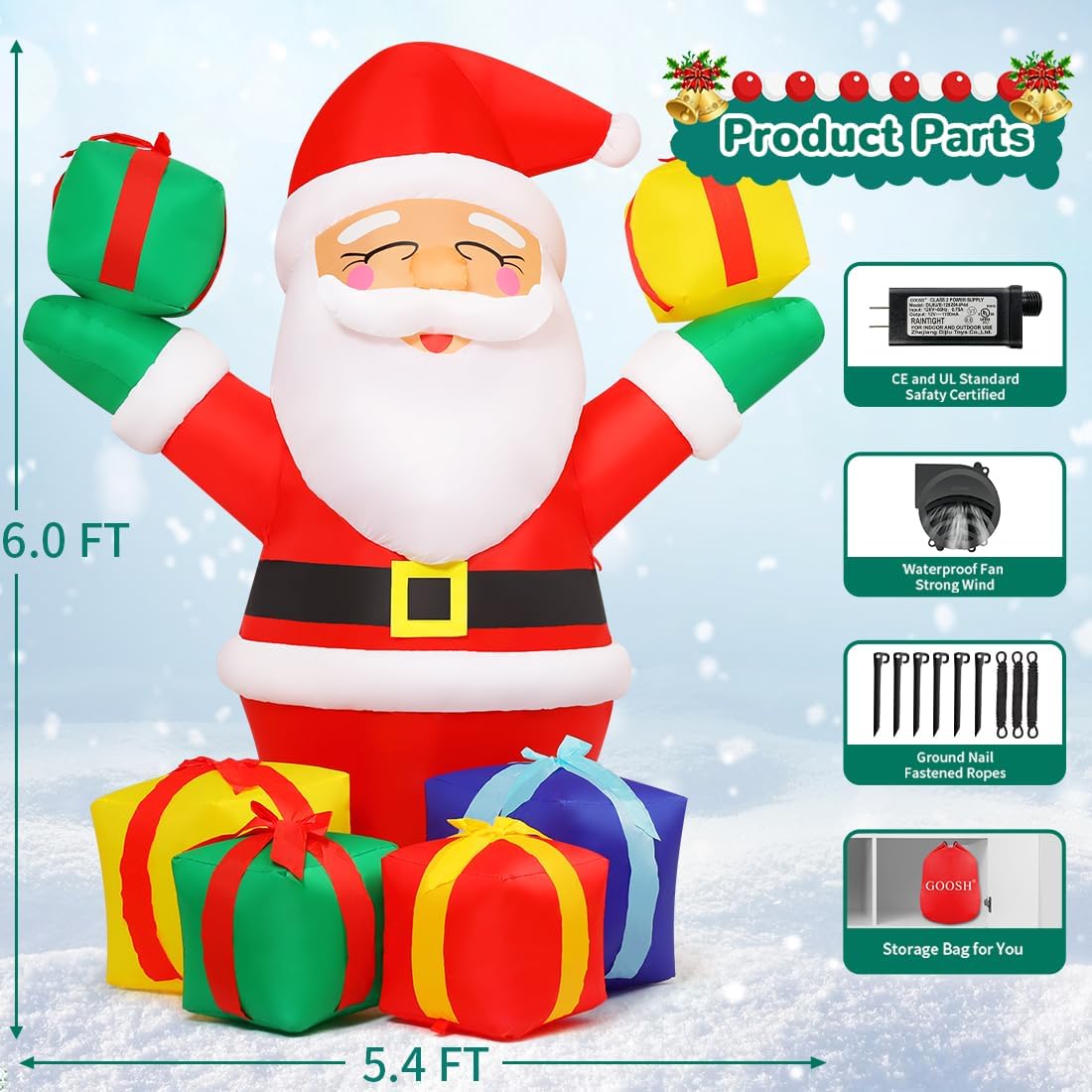 6 ft Christmas Santa Inflatables Outdoor Decorations with Built-in LEDs J4870