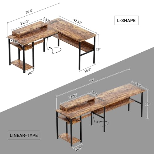 Reversible L Shaped Desk with Power Outlets and LED Light, Corner Computer Desk with Monitor Stand and Storage Shelves, Black A318171