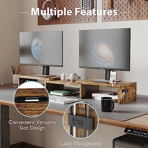 Dual Monitor Stand Riser with Smartphone Holder, Adjustable Wooden Desk Organizer B984