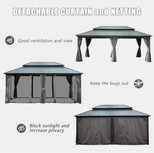 10 x 10 ft Hardtop Gazebo with Netting and Curtains, Galvanized Steel Roof for Patio K80436