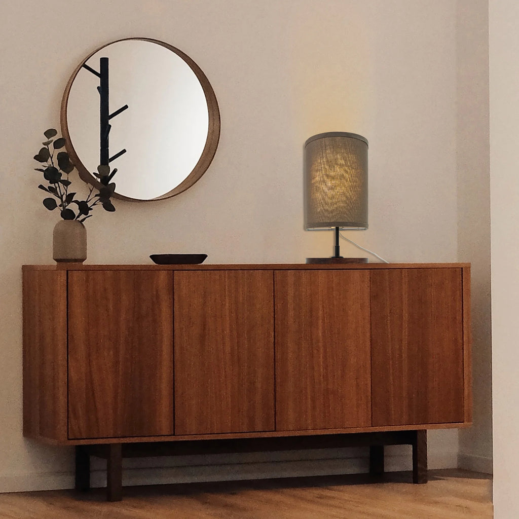 Half Shade Table Lamp, Modern LED Light with Fabric Shade and Wood Holder M862