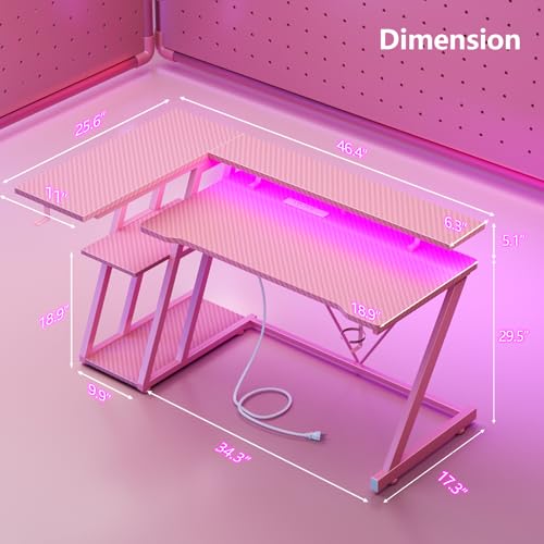 L Shaped Gaming Desk with Power Outlet and LED Lights Y52619