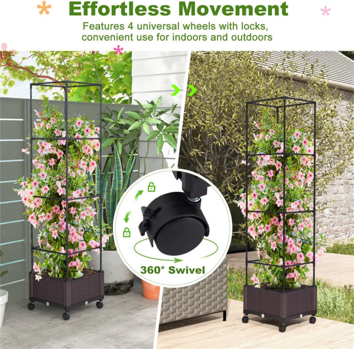 Raised Garden Bed Planter Box with Trellis for Climbing Plants Outdoor Y834