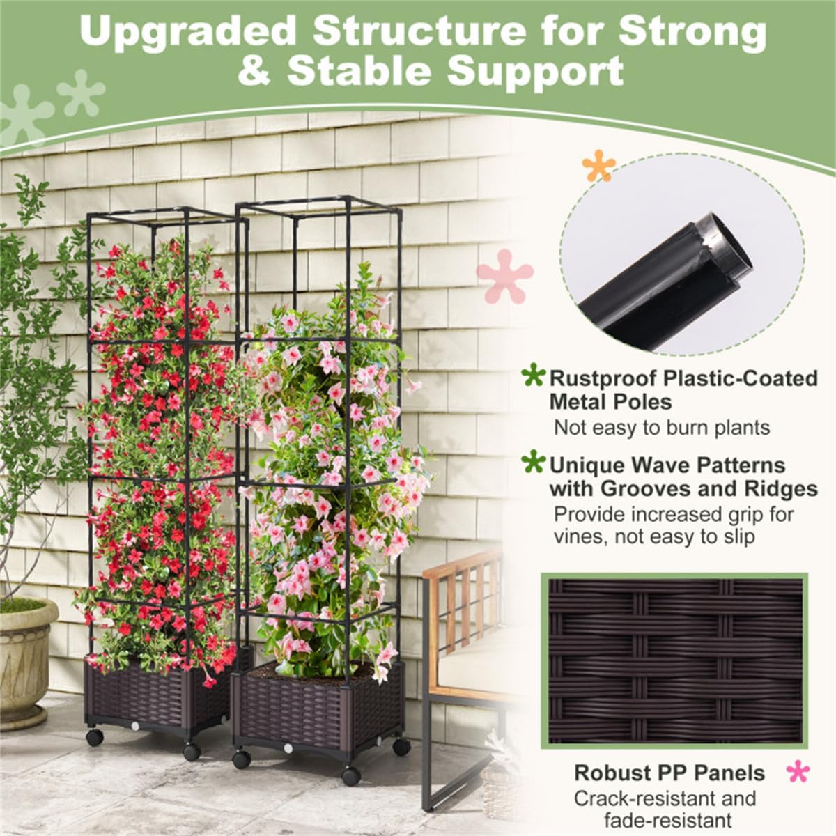 Raised Garden Bed Planter Box with Trellis for Climbing Plants Outdoor Y834