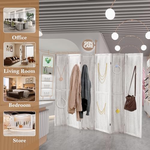 Wooden Pegboard Room Divider with Folding Privacy Screen, 5.6Ft, Light Brown D937870