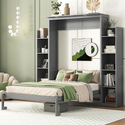 Full Size Murphy Bed with Shelves and LED Lights Y757881