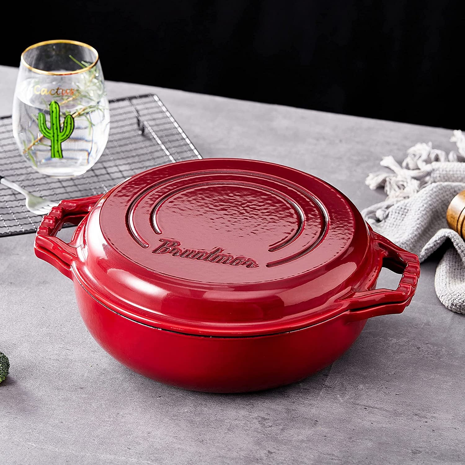 Enameled Cast Iron Cocotte Double Braiser Pan with Grill Lid V9102