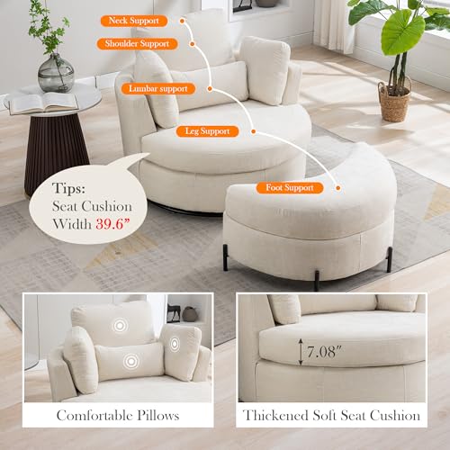 Oversized Swivel Barrel Chair with Ottoman, Chenille, Beige M813