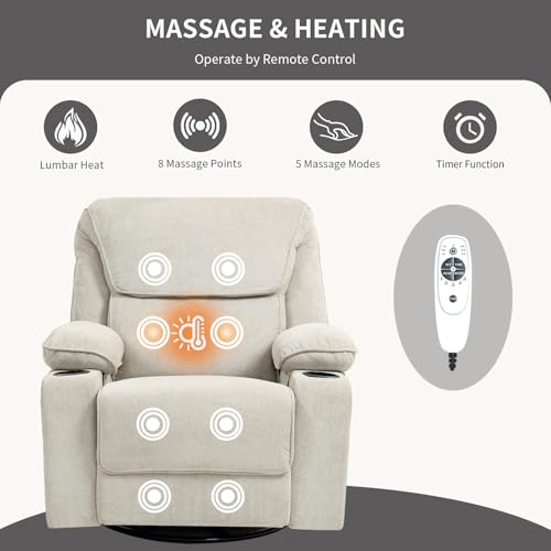 Massage Recliner Chair with Heat, Swivel Rocking, Cup Holders L468