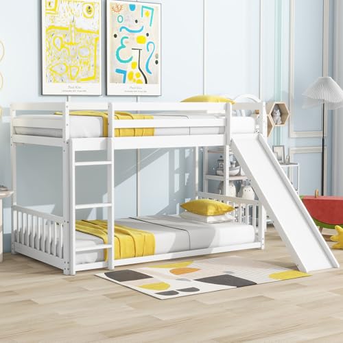 Twin Over Full Size Wooden Bunk Bed with Slide and Storage Stairs N394