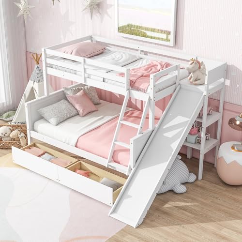 Twin Over Full Size Wooden Bunk Bed with Slide and Storage Stairs N394