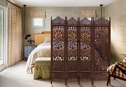 4 Panel Folding Wood Room Divider, Antique Brown, 72 x 80 P209
