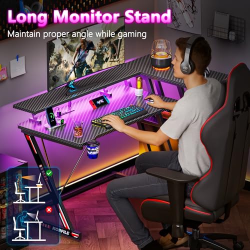 L Shaped Gaming Desk with Power Outlet and LED Lights Y52619