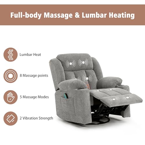 Swivel Recliner Chair with Massage and Heat, Fabric Upholstery, Lime Gray Y550941