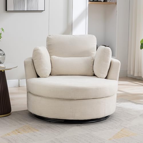 Oversized Swivel Barrel Chair with Ottoman, Chenille, Beige M813