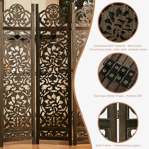 Wood Carved Room Divider 4 Panel Folding Partition Screen X503933