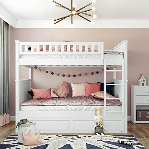Twin Over Full Bunk Bed with Slide and Stairs for Kids I642