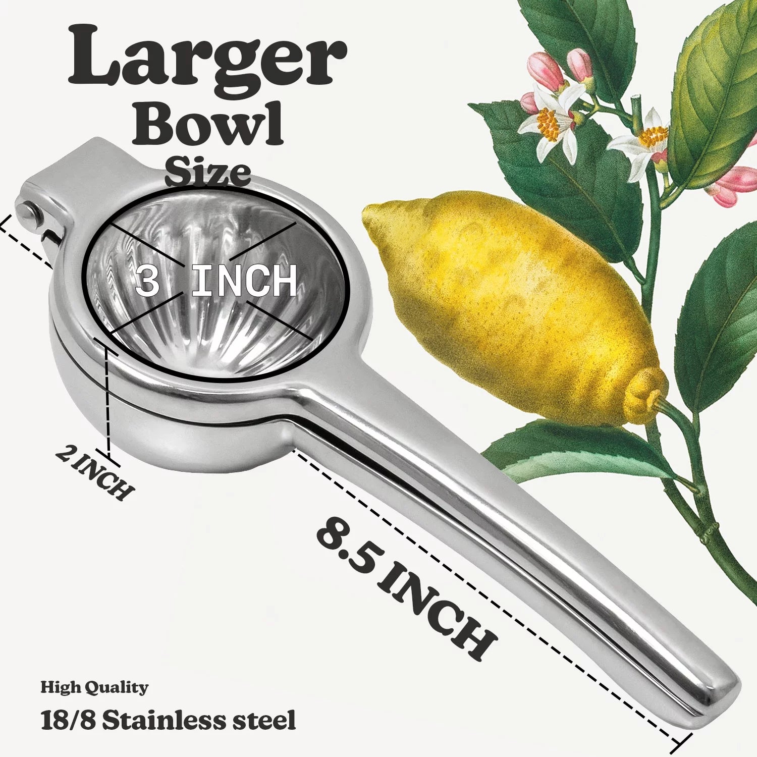 Washable Lemon Squeezer Stainless Steel with Large Bowl and Stable Grip O8612