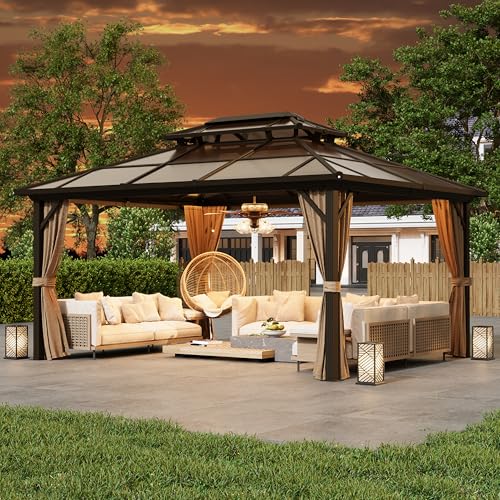10x13 Hardtop Gazebo with Polycarbonate Double Roof, Aluminum Frame, Curtains and Netting S2701