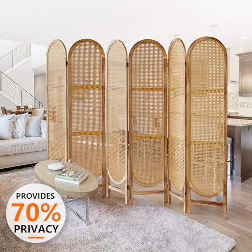 Foldable Wooden Room Divider, Hand-Woven Rattan Privacy Screen Q240970