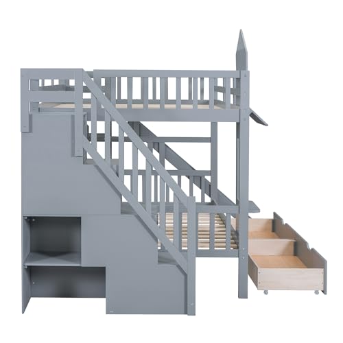 Kids Bunk Bed with Stairs and Slide, Twin Over Twin, Gray O540