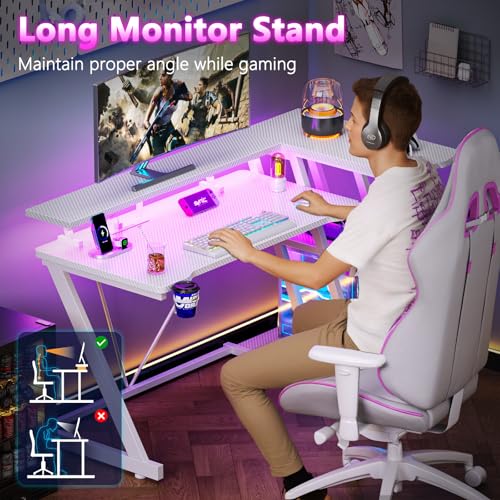 L Shaped Gaming Desk with Power Outlet and LED Lights Y52619