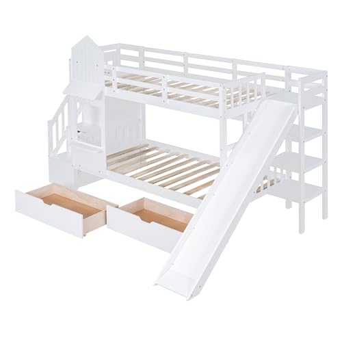 Kids Bunk Bed with Stairs and Slide, Twin Over Twin, Gray O540