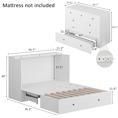 Murphy Bed with Storage & Charging Station, Foldable Panel, Distressed White C449393
