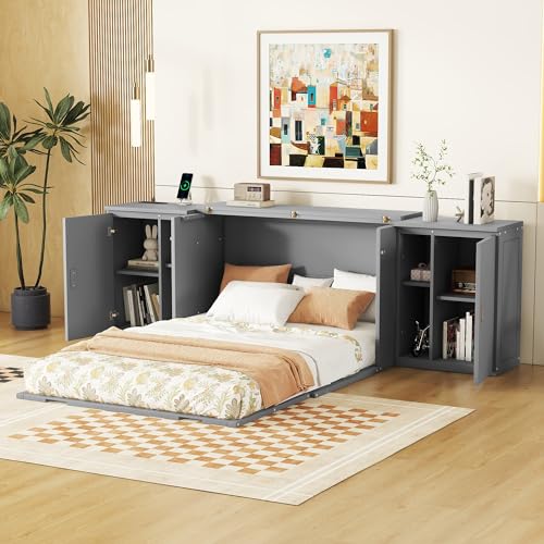 Murphy Bed Chest with Shelves and USB Ports, Foldable Wood Frame Y56482