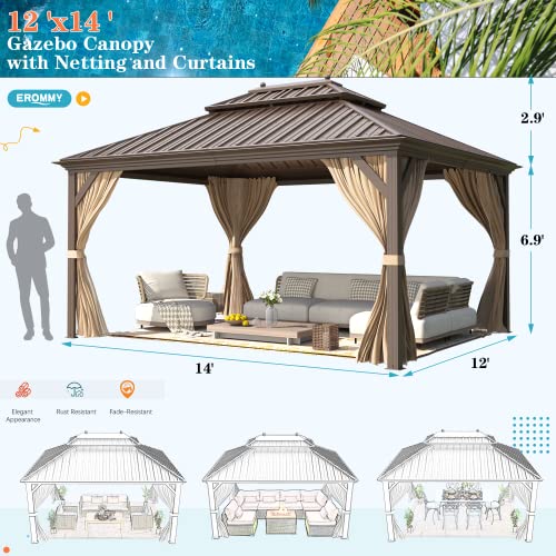 12x20 ft Hardtop Gazebo Double Roof Galvanized Steel Canopy Outdoor Aluminum Frame with Netting and Curtains X191579
