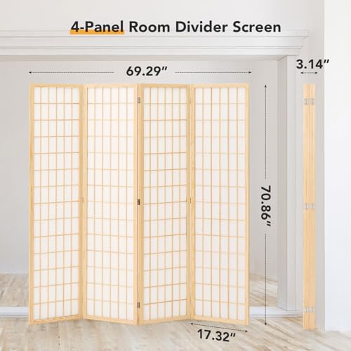 6 Panel Folding Room Divider, Japanese Shoji Screen, 5.9 Ft, Natural T81976