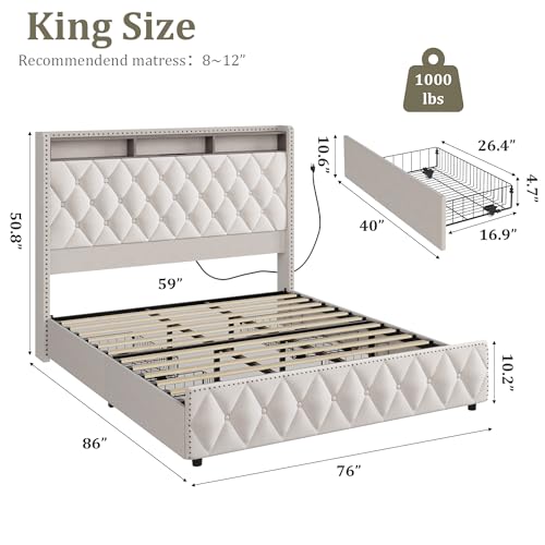 Queen Bed Frame with Tall Headboard, Velvet Upholstered, 4 Storage Drawers Y5950