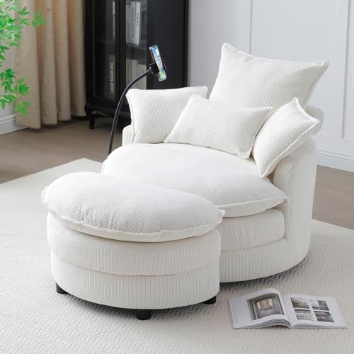 Swivel Barrel Accent Sofa Chair with Phone Holder & Storage Ottoman, 360 Degree Corduroy, Beige A36232