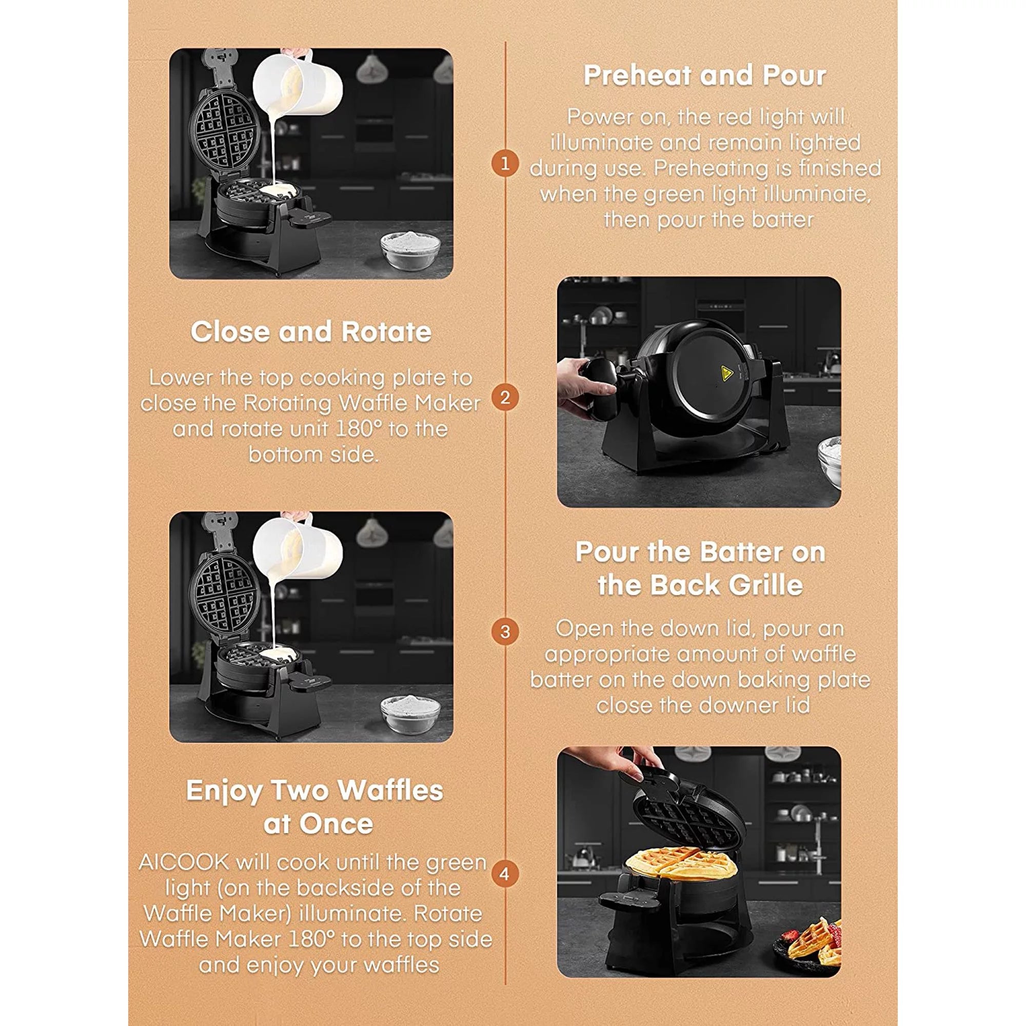 180° Flip Belgian Double Waffle Maker, 8-Slice Nonstick, Removable Drip Tray C447042