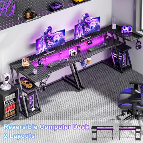 L Shaped Gaming Desk with Power Outlet and LED Lights Y52619